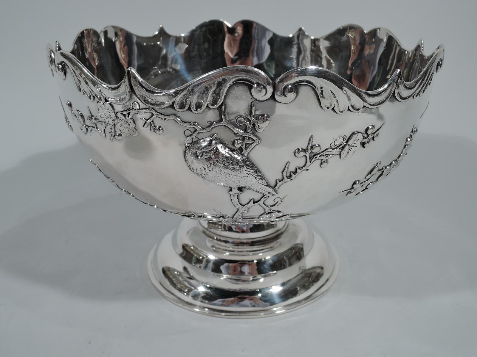 Chinese Export Antique Chinese Silver Bowl with Blossoming Branch and Birds