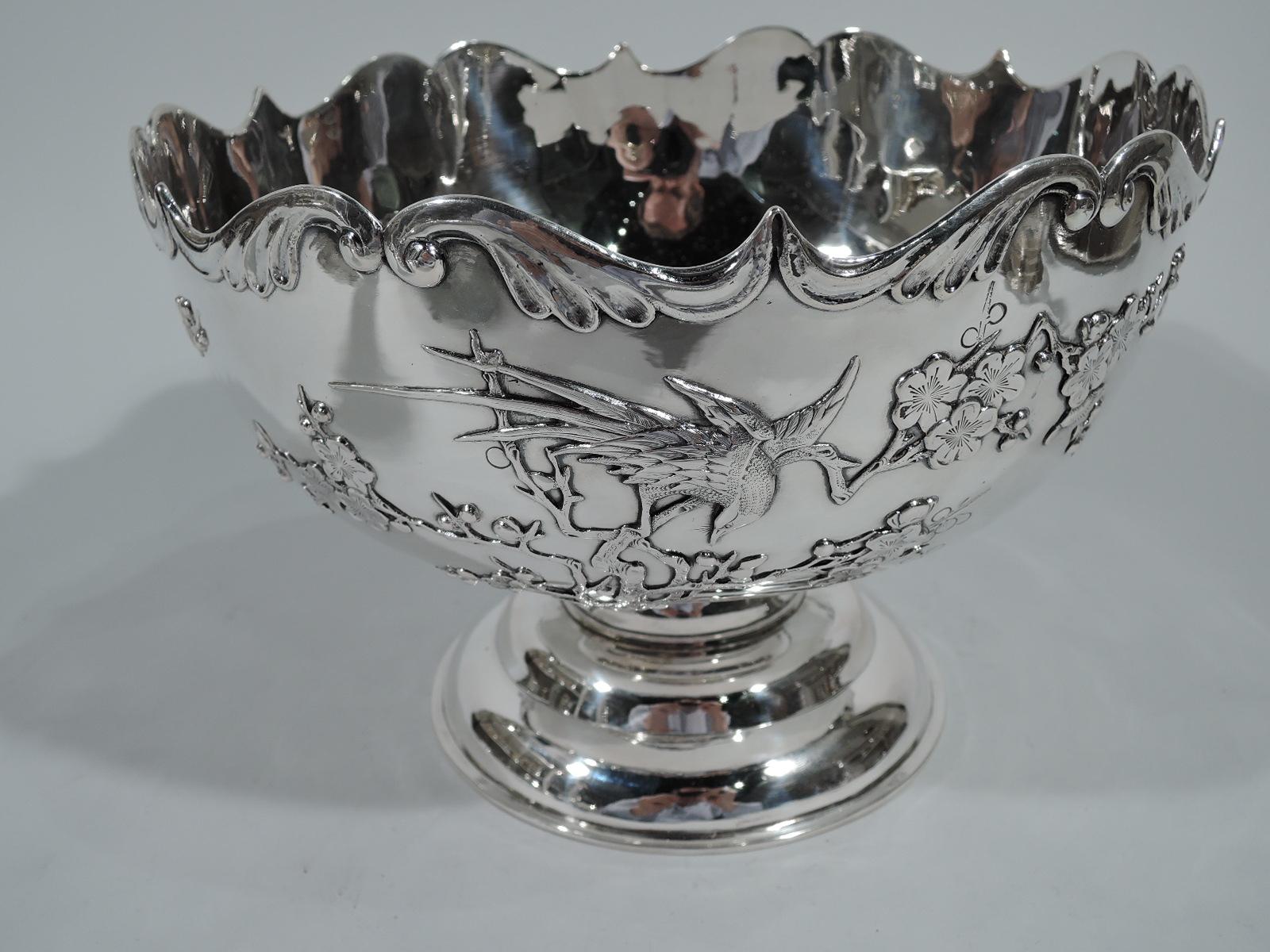 Antique Chinese Silver Bowl with Blossoming Branch and Birds In Excellent Condition In New York, NY