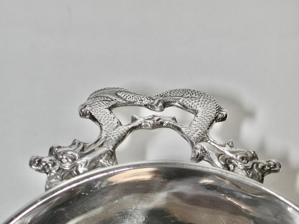 Early 20th Century Antique Chinese Silver Bowl With Two Double Dragon Handles, Kwan Wo, Circa 1900 For Sale