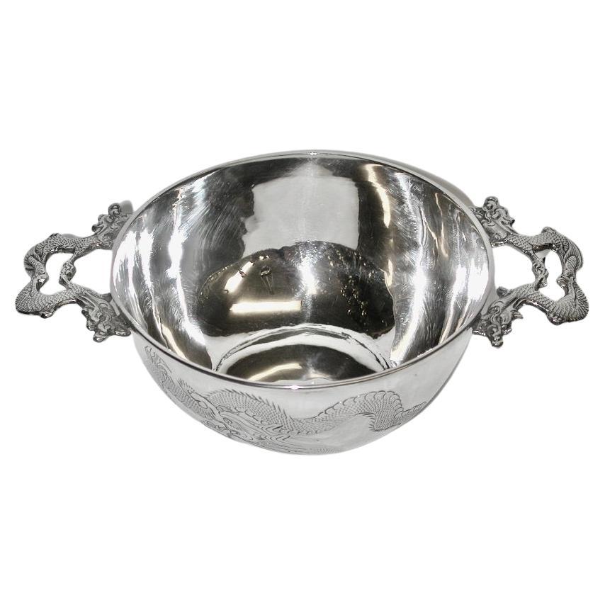 Antique Chinese Silver Bowl With Two Double Dragon Handles, Kwan Wo, Circa 1900 For Sale