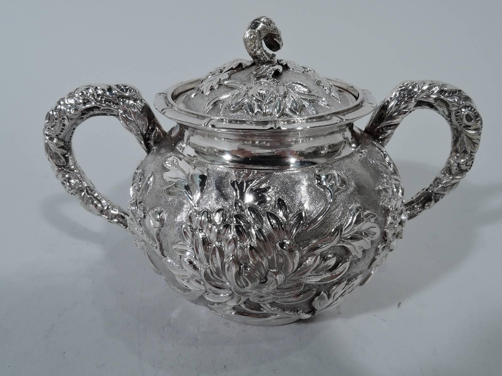 Antique Chinese Silver Chrysanthemum Tea Set 6