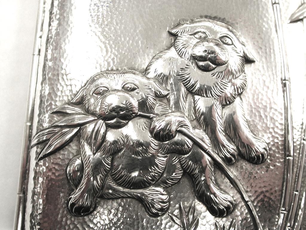 Antique Chinese Silver Cigarette Case Depicting Red Panda's with Bamboo In Good Condition In London, GB