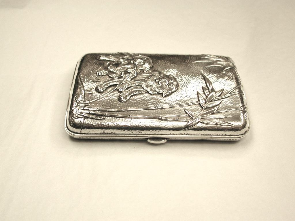 Early 20th Century Antique Chinese Silver Cigarette Case Depicting Red Panda's with Bamboo