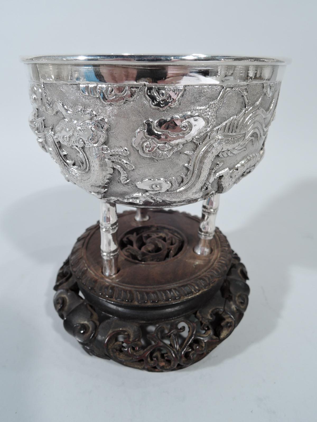 Chinese Export Antique Chinese Silver Dragon and Bamboo Bowl on Rosewood Base