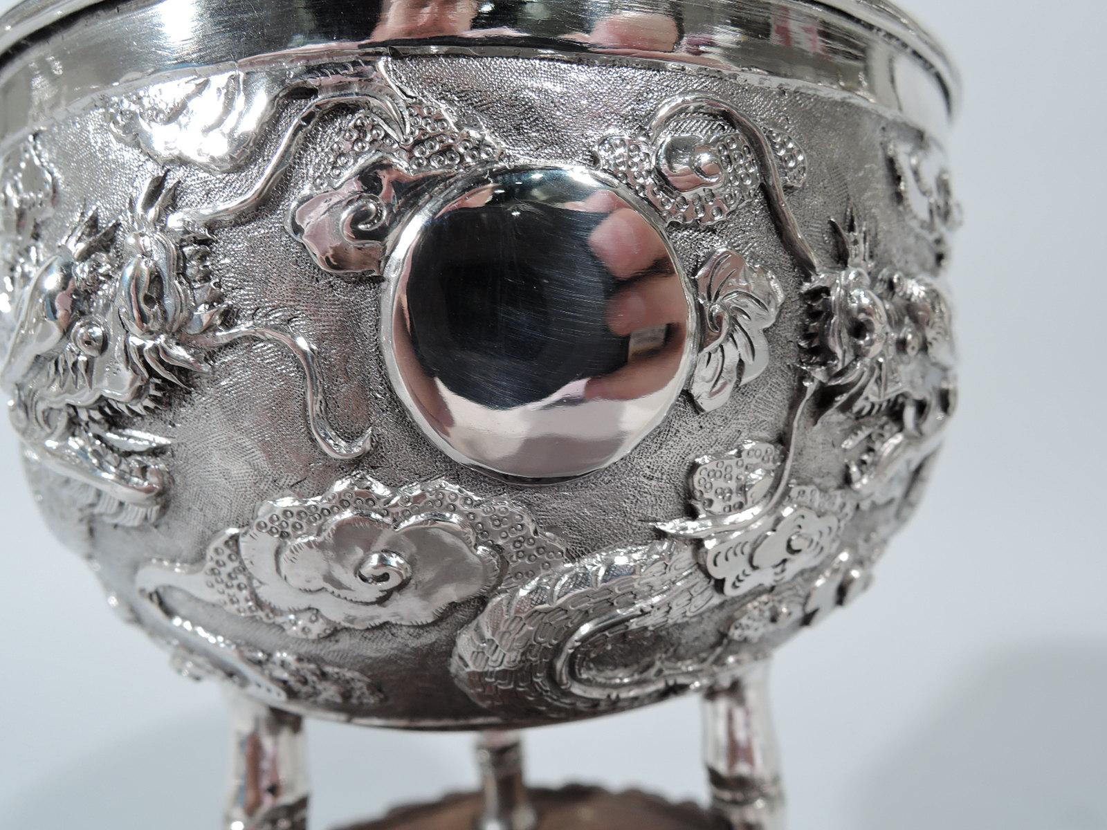 Antique Chinese Silver Dragon and Bamboo Bowl on Rosewood Base In Good Condition In New York, NY