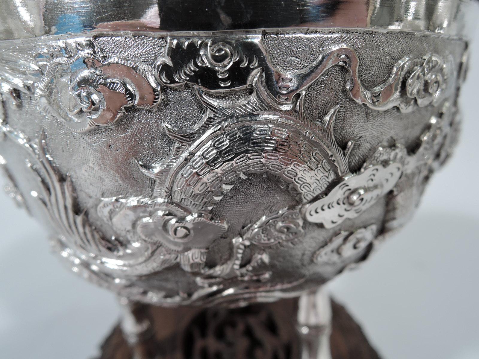 19th Century Antique Chinese Silver Dragon and Bamboo Bowl on Rosewood Base