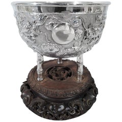 Antique Chinese Silver Dragon and Bamboo Bowl on Rosewood Base