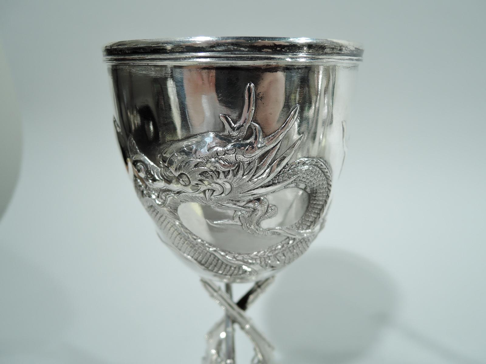 Chinese Export Antique Chinese Silver Dragon & Gun Goblet