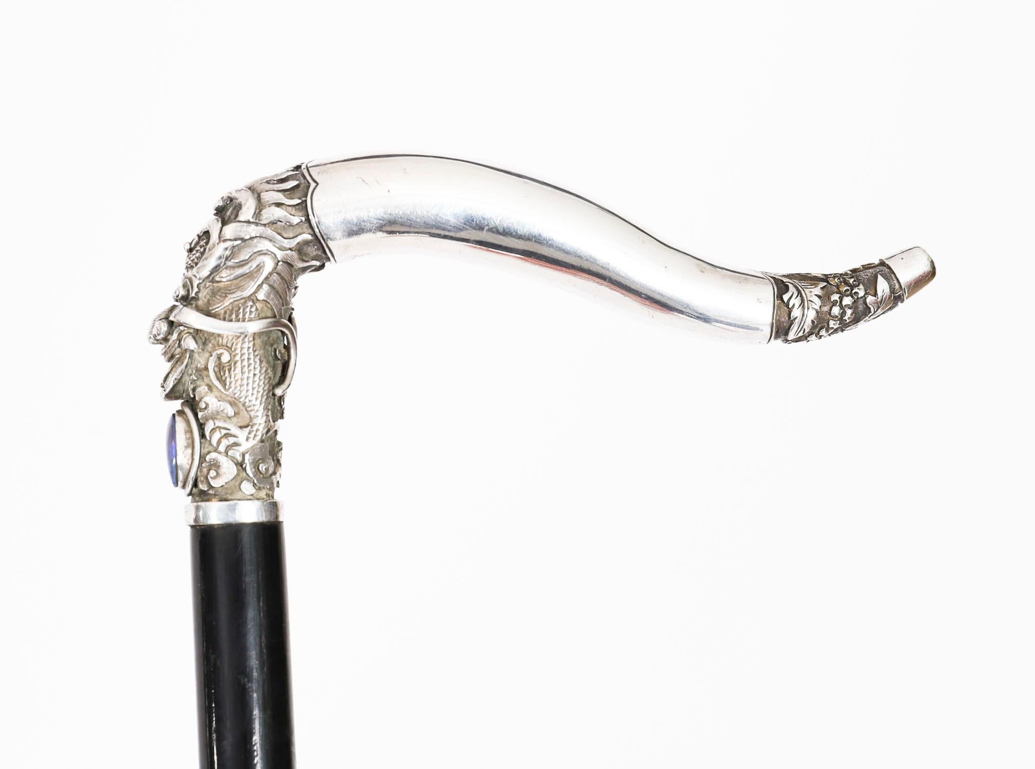 Argento Antico bastone da passeggio cinese con drago d'argento C1880 92 cm 36 pollici in vendita