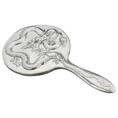 Antique Chinese Silver Export Large Hand Mirror Depicting Dragon