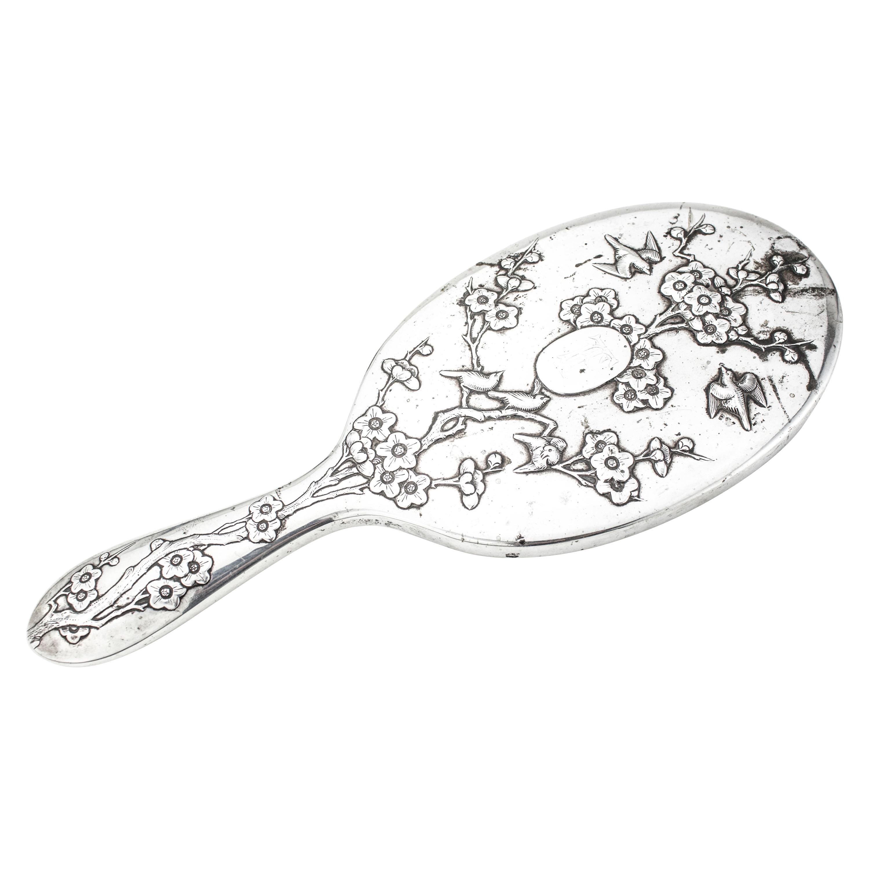 Antique Chinese Silver Export Large Hand Mirror For Sale
