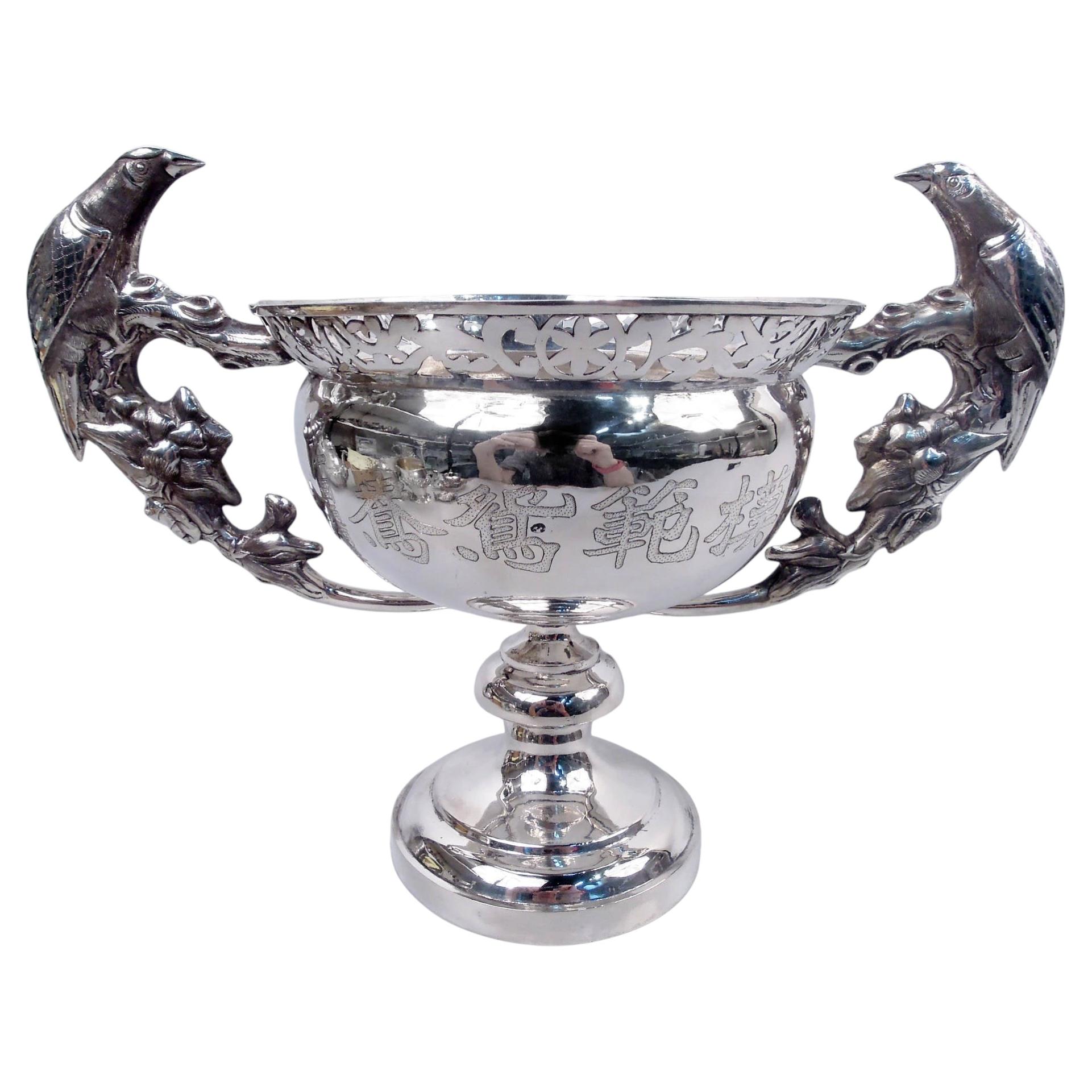 Antique Chinese Silver Footed Bowl with Bird & Flower Handles For Sale
