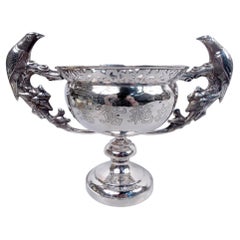 Antique Chinese Silver Footed Bowl with Bird & Flower Handles