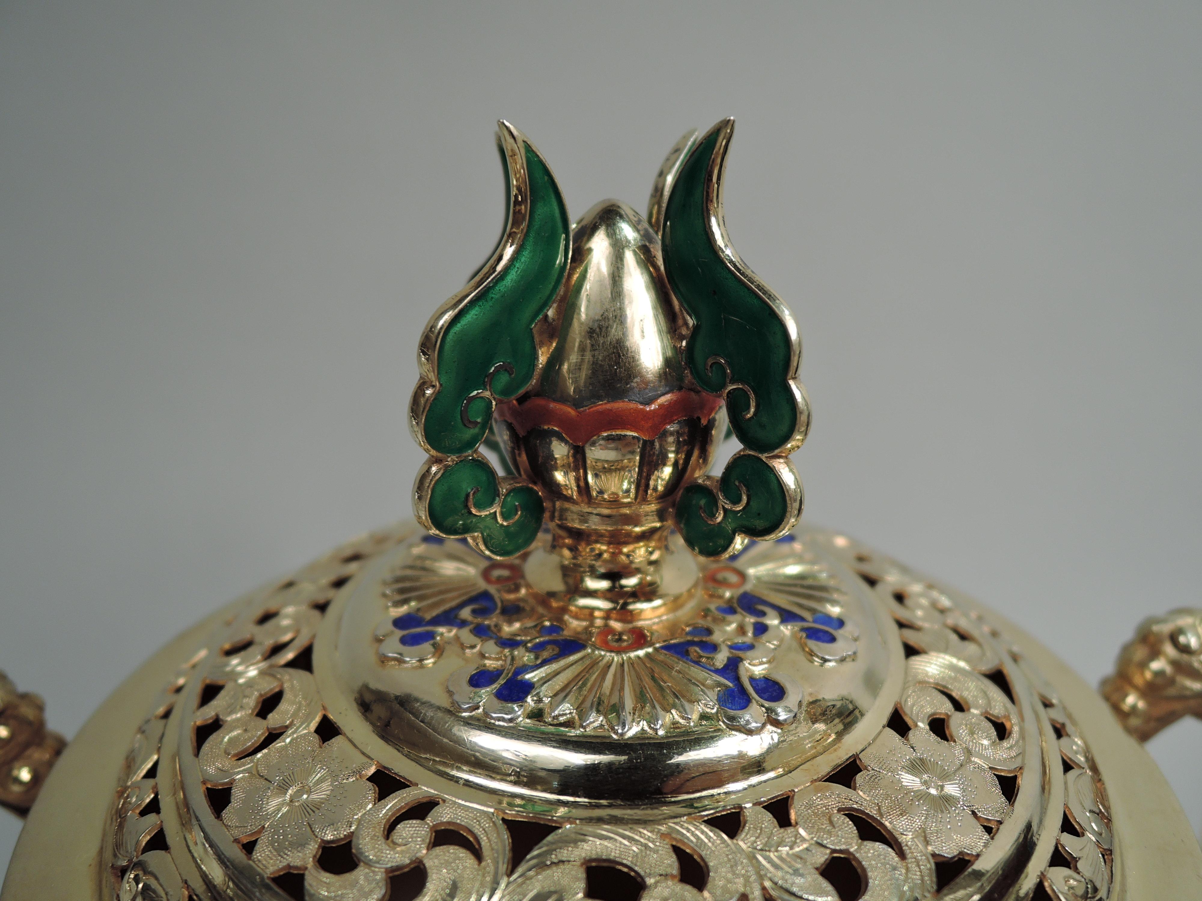 Qing Antique Chinese Silver Gilt, Agate & Enamel Censer For Sale