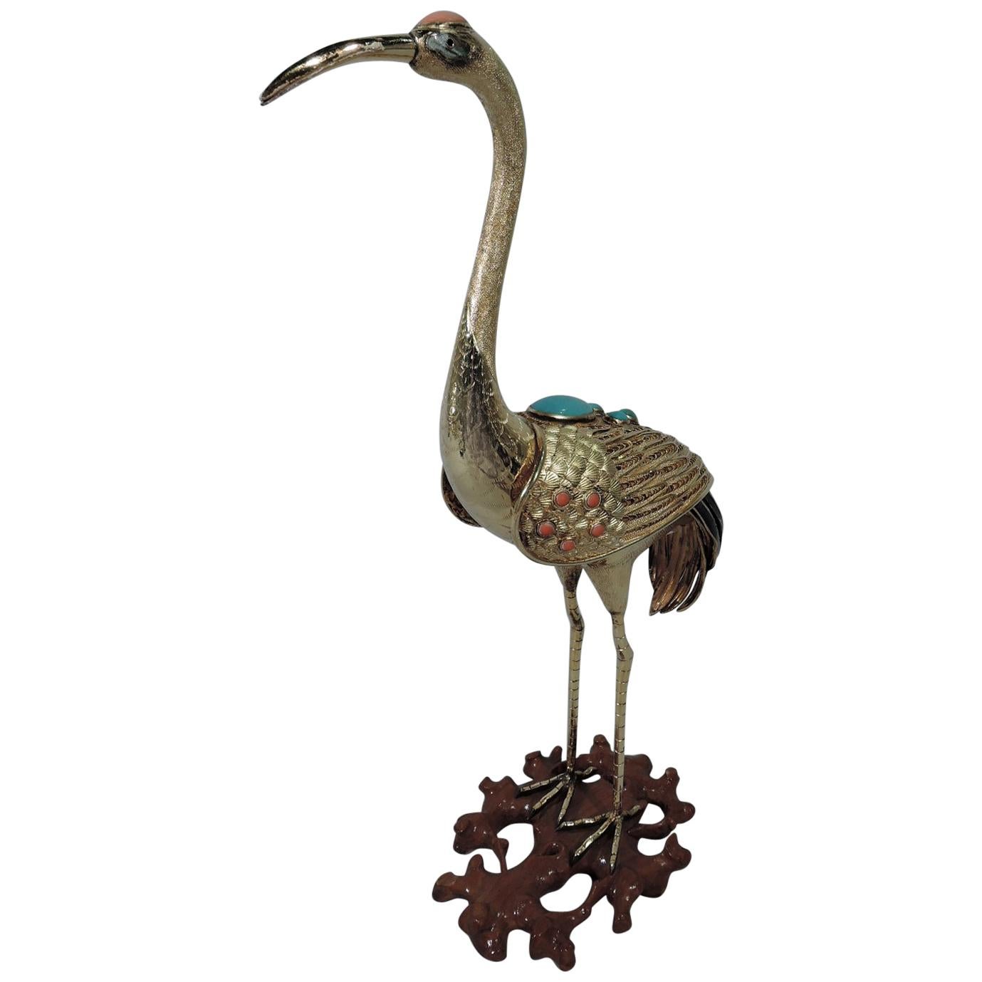 Antique Chinese Silver Gilt and Enamel Crane Bird Figure