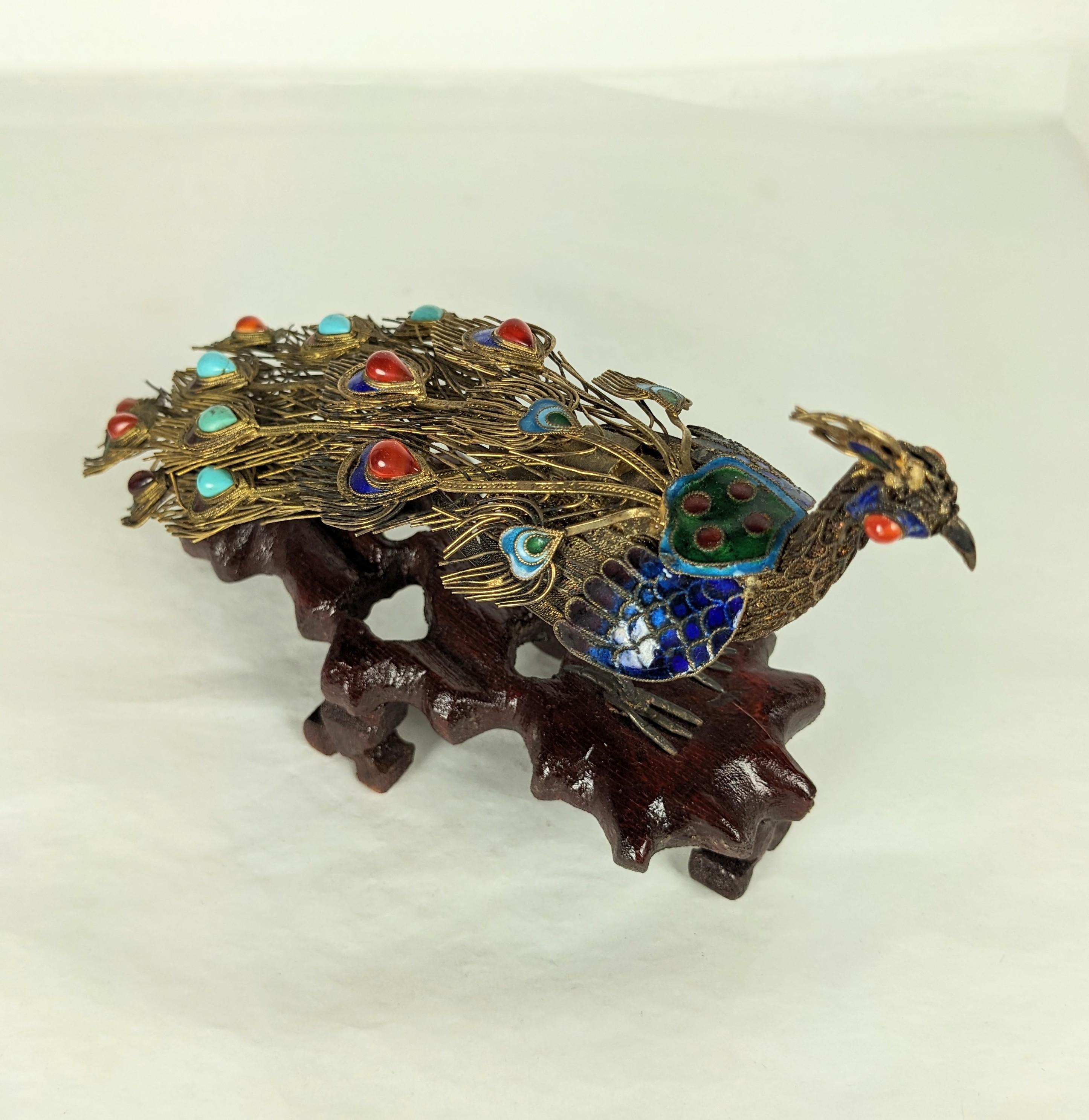 Chinese Export Antique Chinese Silver Gilt and Enamel Peacock For Sale