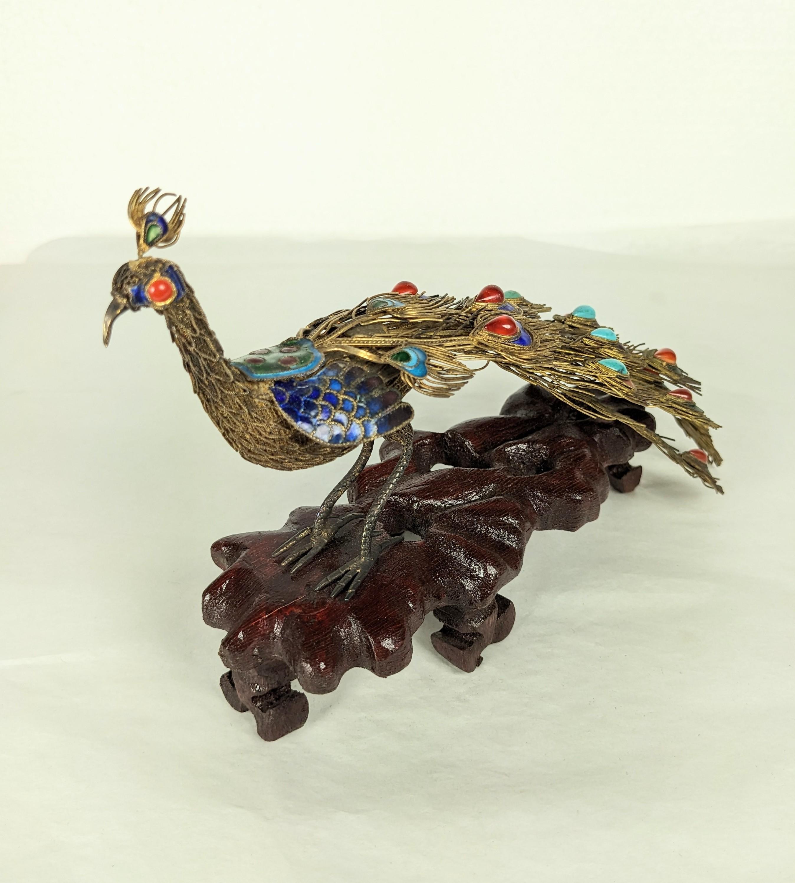 Mid-20th Century Antique Chinese Silver Gilt and Enamel Peacock For Sale