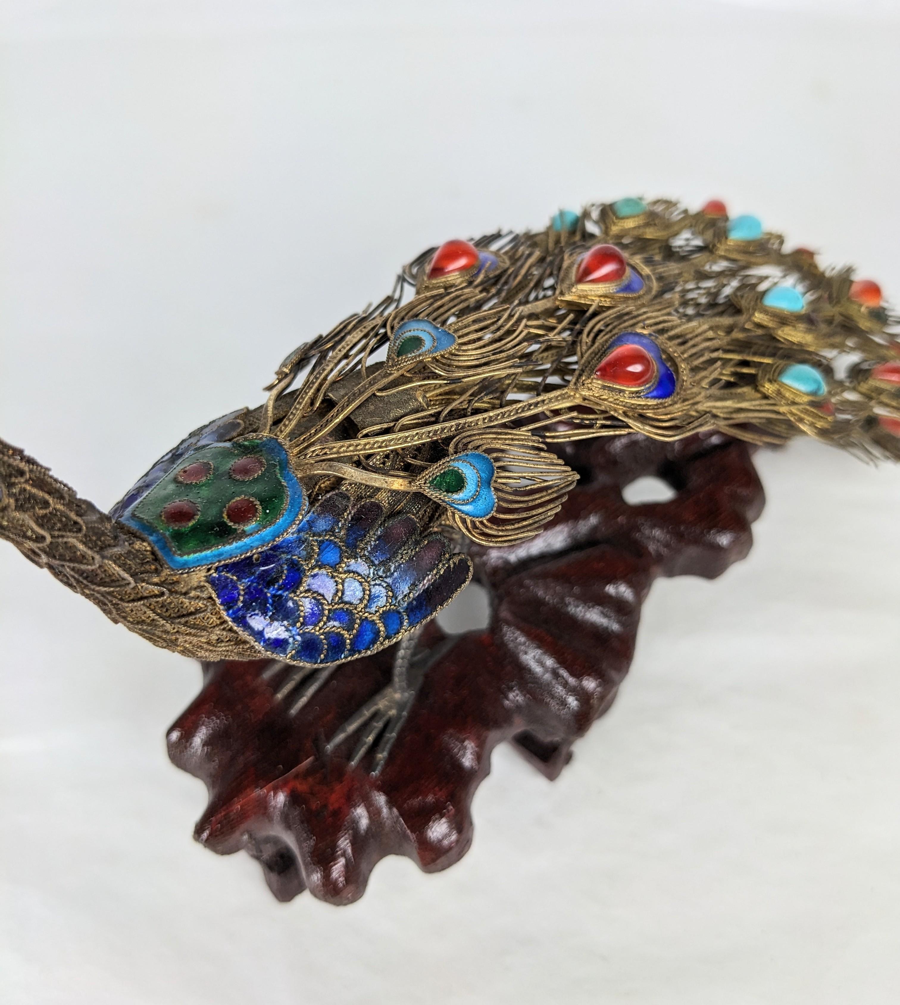 Sterling Silver Antique Chinese Silver Gilt and Enamel Peacock For Sale