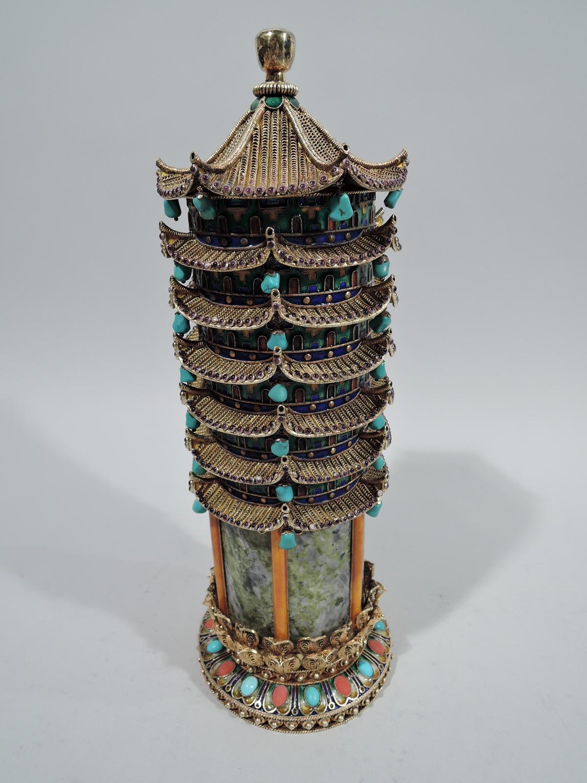 Chinese silver gilt, enamel, and marble pagoda box, ca 1920. Marble base with guilloche enamel pilasters and applied imbricated gilt filigree leaves, and raised foot with inset cabochon stones on enameled ground. Top has patterned enamel ground and