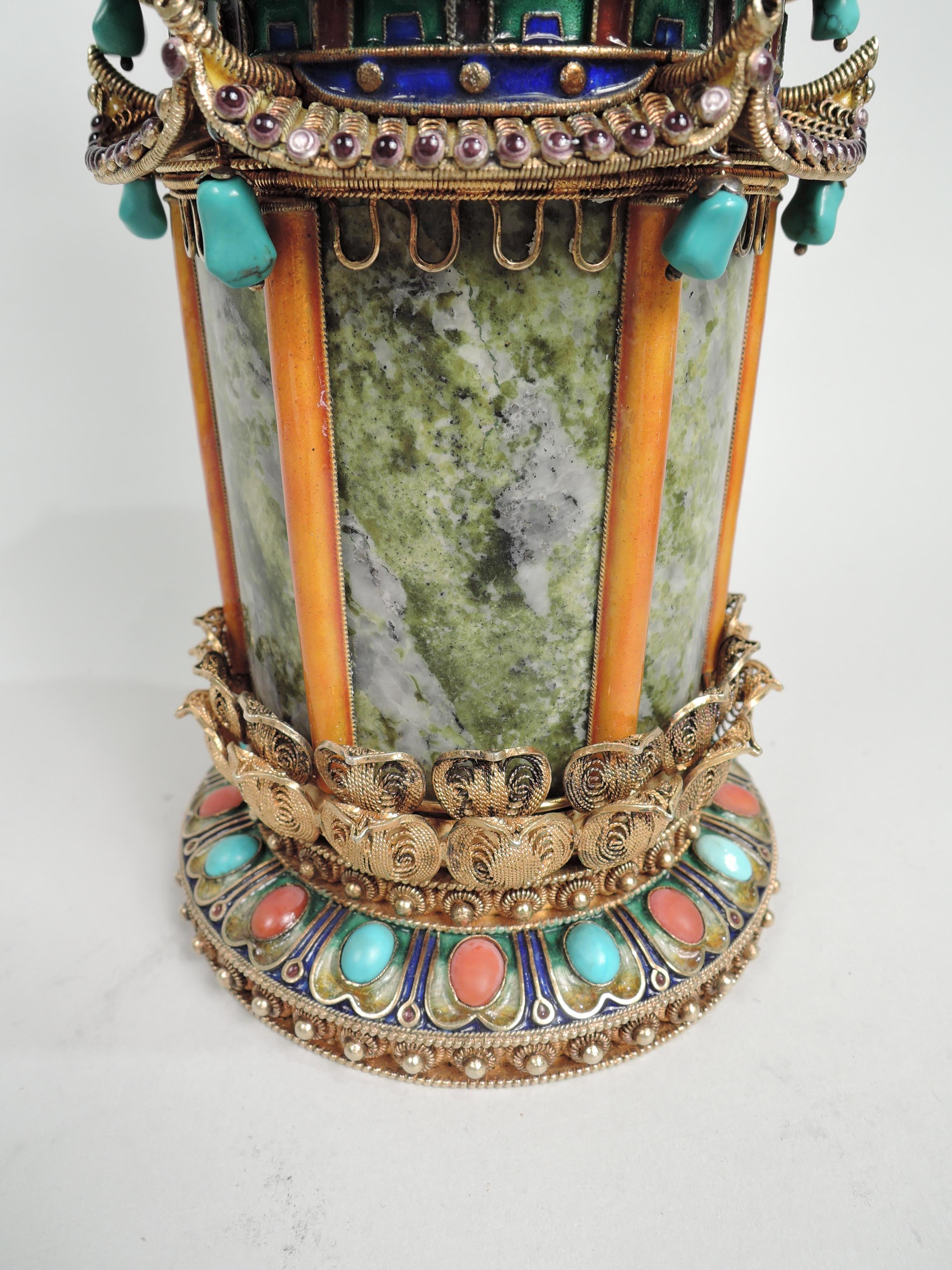 Antique Chinese Silver Gilt, Enamel, and Marble Pagoda Box 1