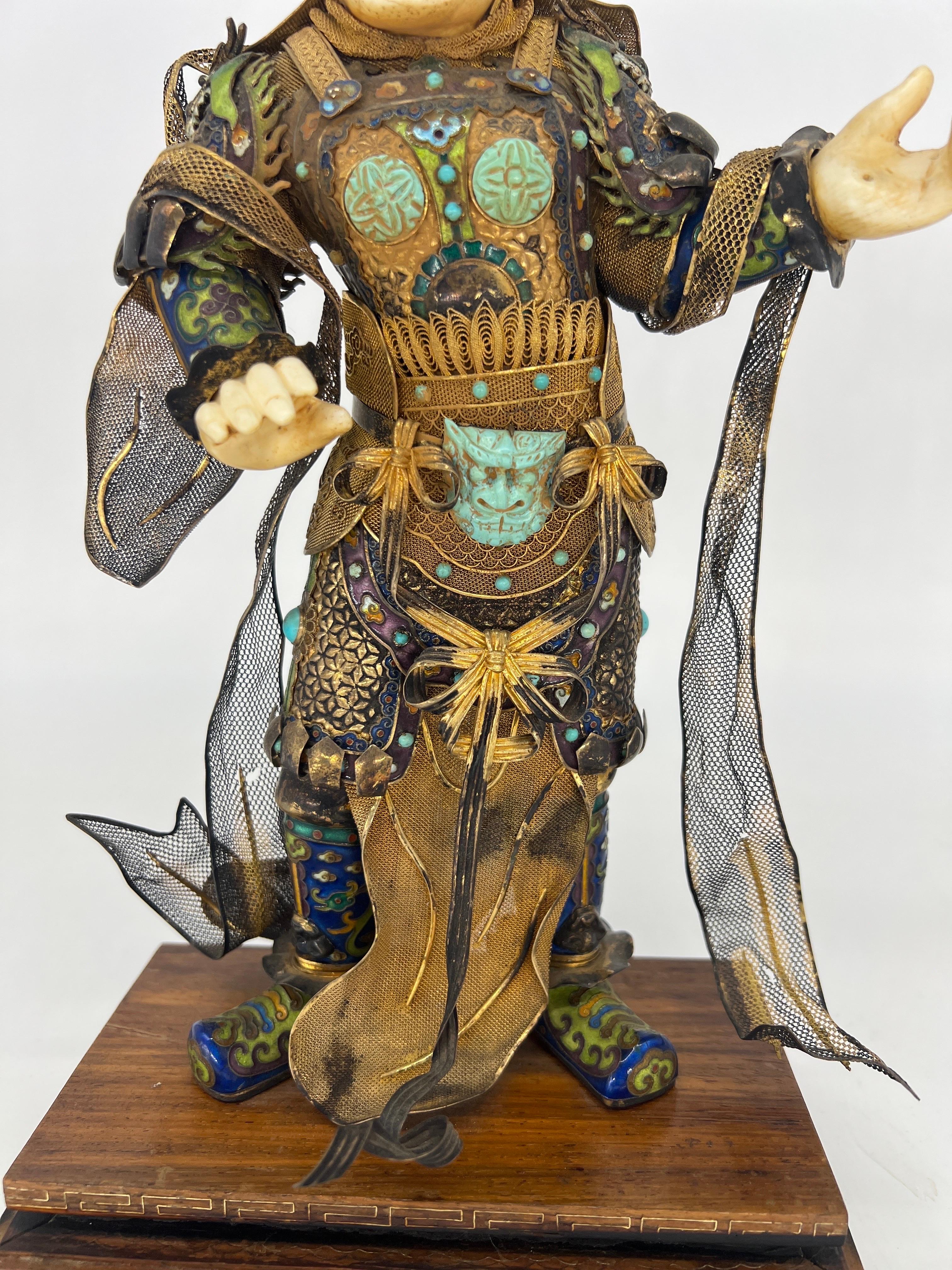 Antique Chinese Silver Gilt, Enamel & Turquoise Mounted Immortal Figurine In Good Condition For Sale In Atlanta, GA