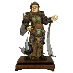 Ancienne figurine immortel chinoise en argent doré, émaillé et turquoise montée