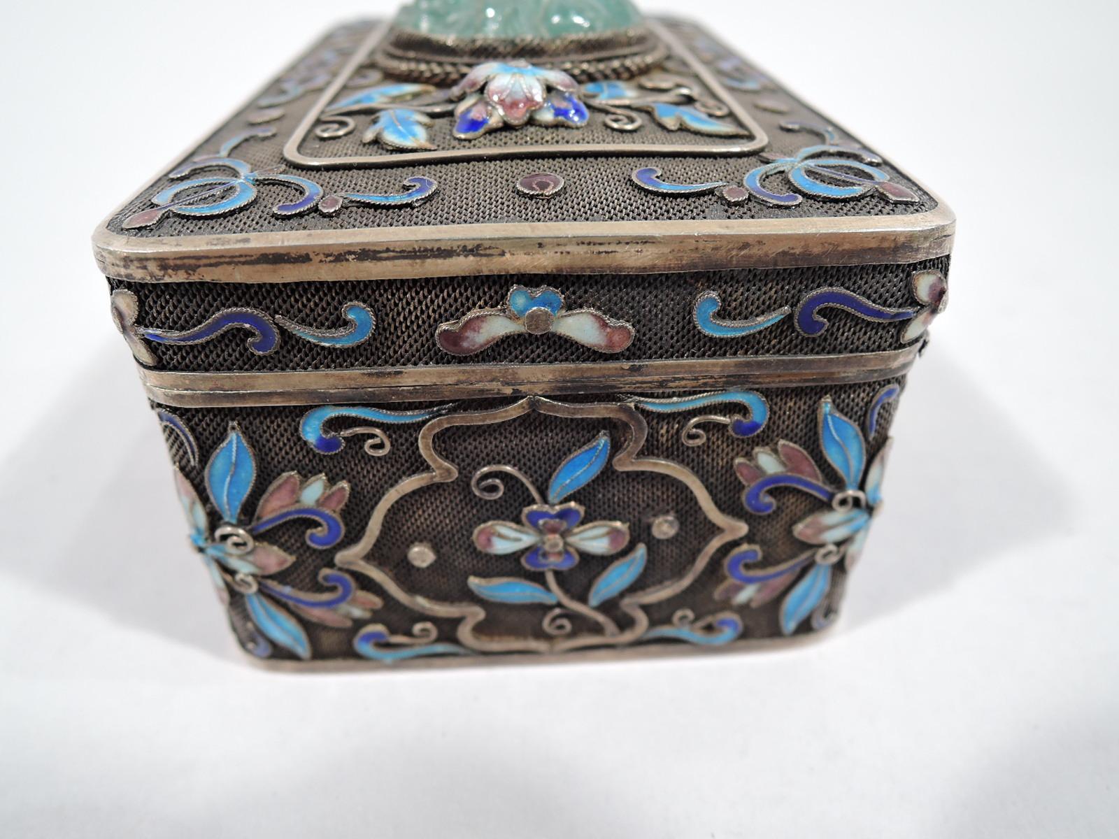 Antique Chinese Silver Gilt Filigree Box with Enamel and Carved Jade In Excellent Condition In New York, NY