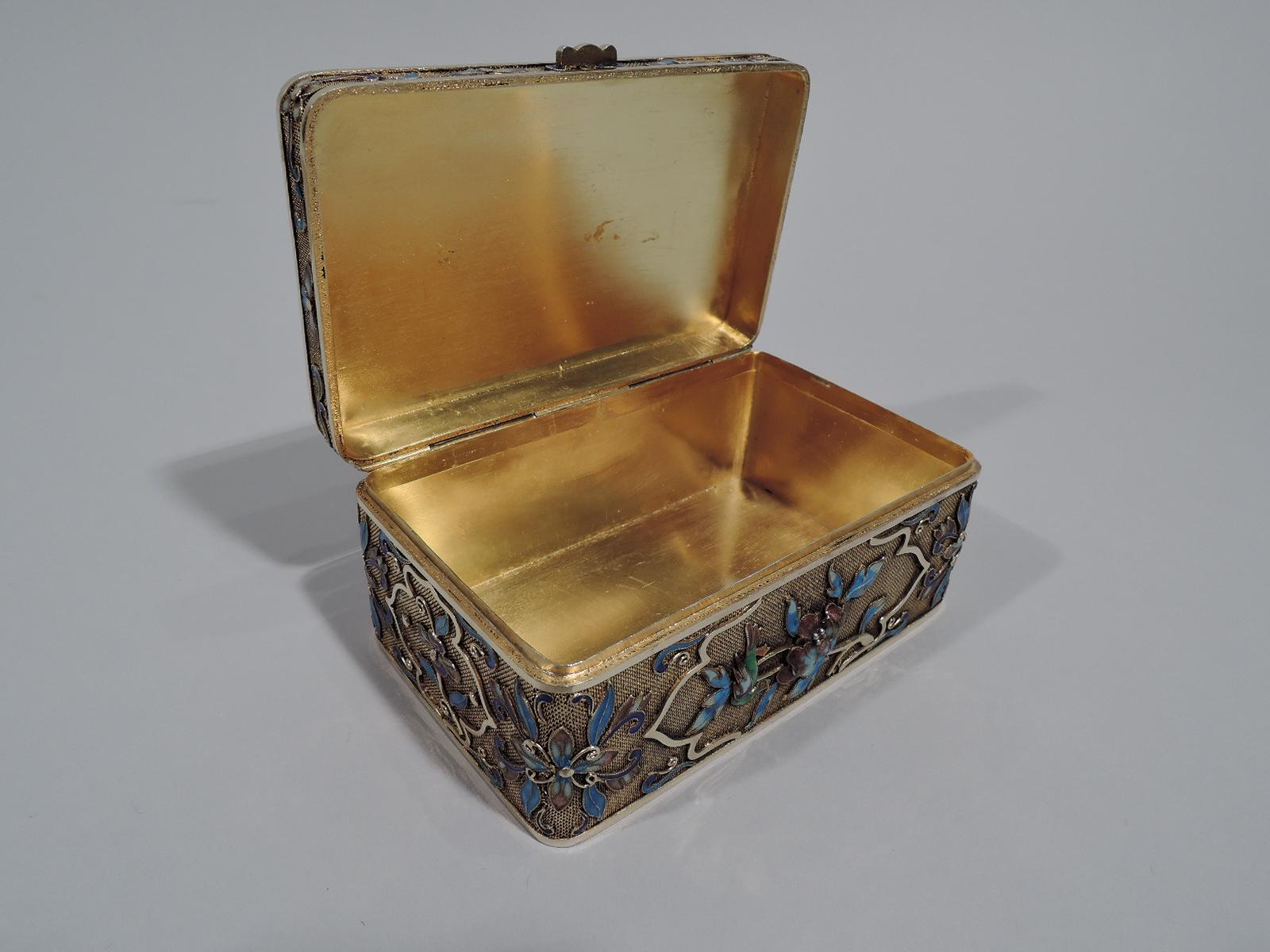Art Nouveau Antique Chinese Silver Gilt Filigree Box with Enamel and Carved Jade