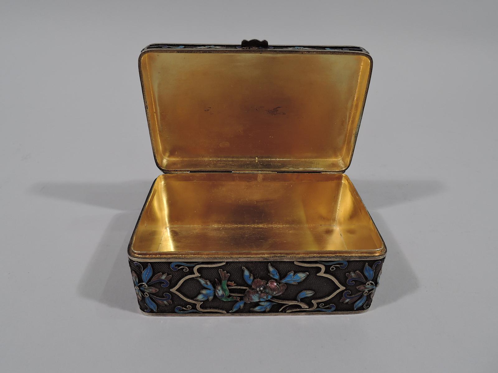 Women's or Men's Antique Chinese Silver Gilt Filigree Box with Enamel and Carved Jade