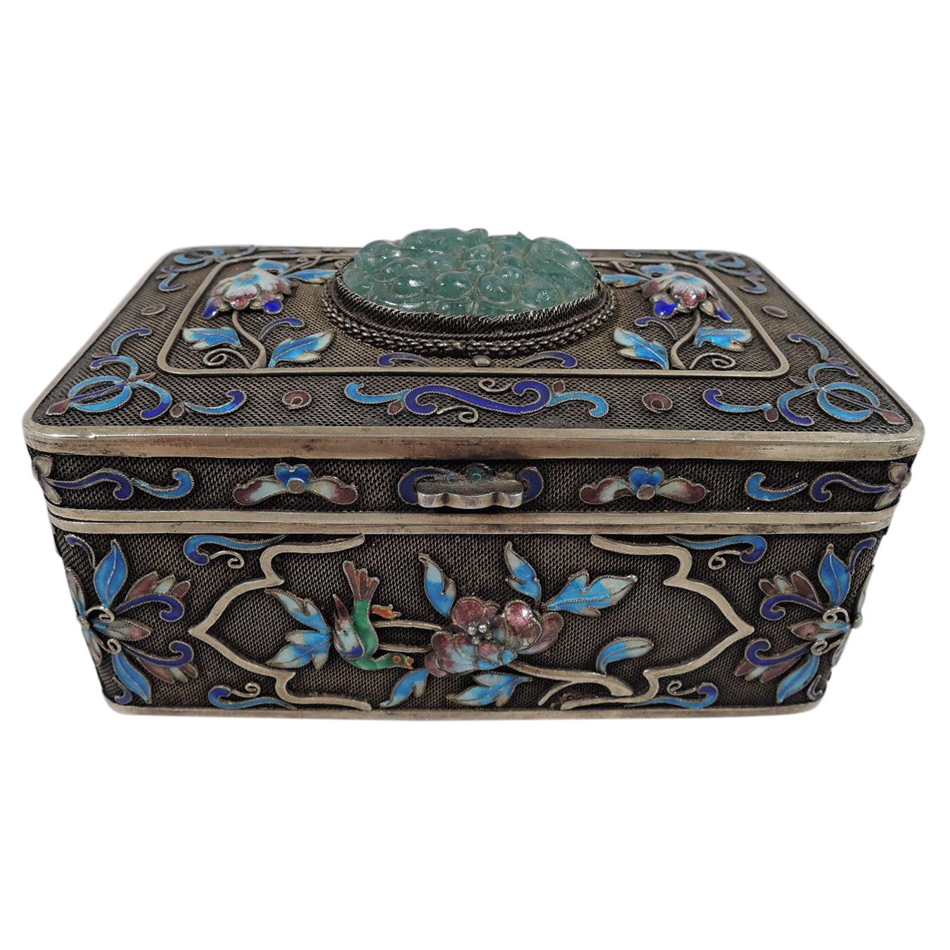 Antique Chinese Silver Gilt Filigree Box with Enamel and Carved Jade