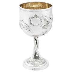 Antique Chinese Silver Goblet by Tuck Chang, Dragon Design, Circa 1900