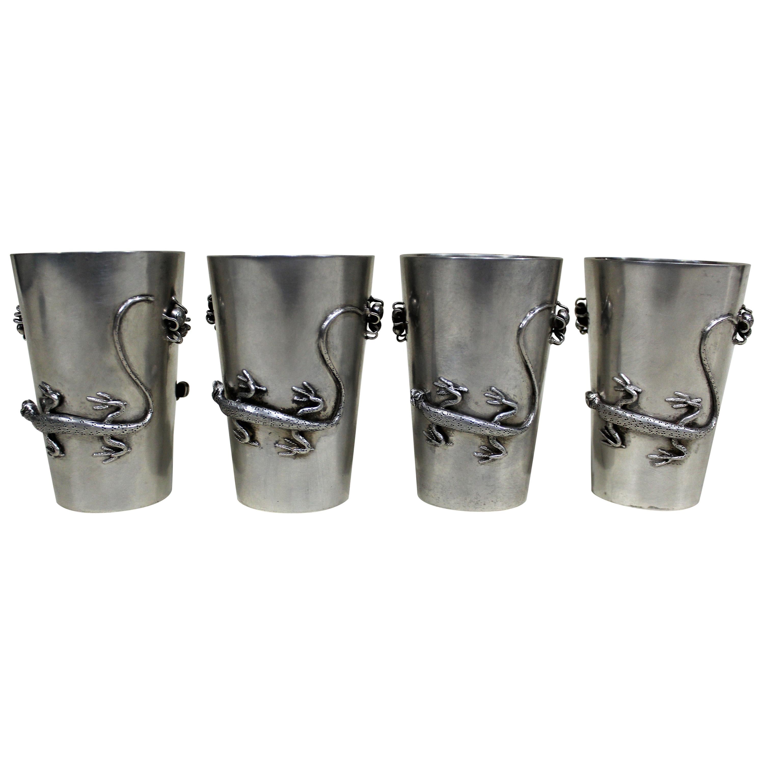 Antique Chinese Silver Hung Chong Co. Beaker Set Figural Salamanders & Spiders