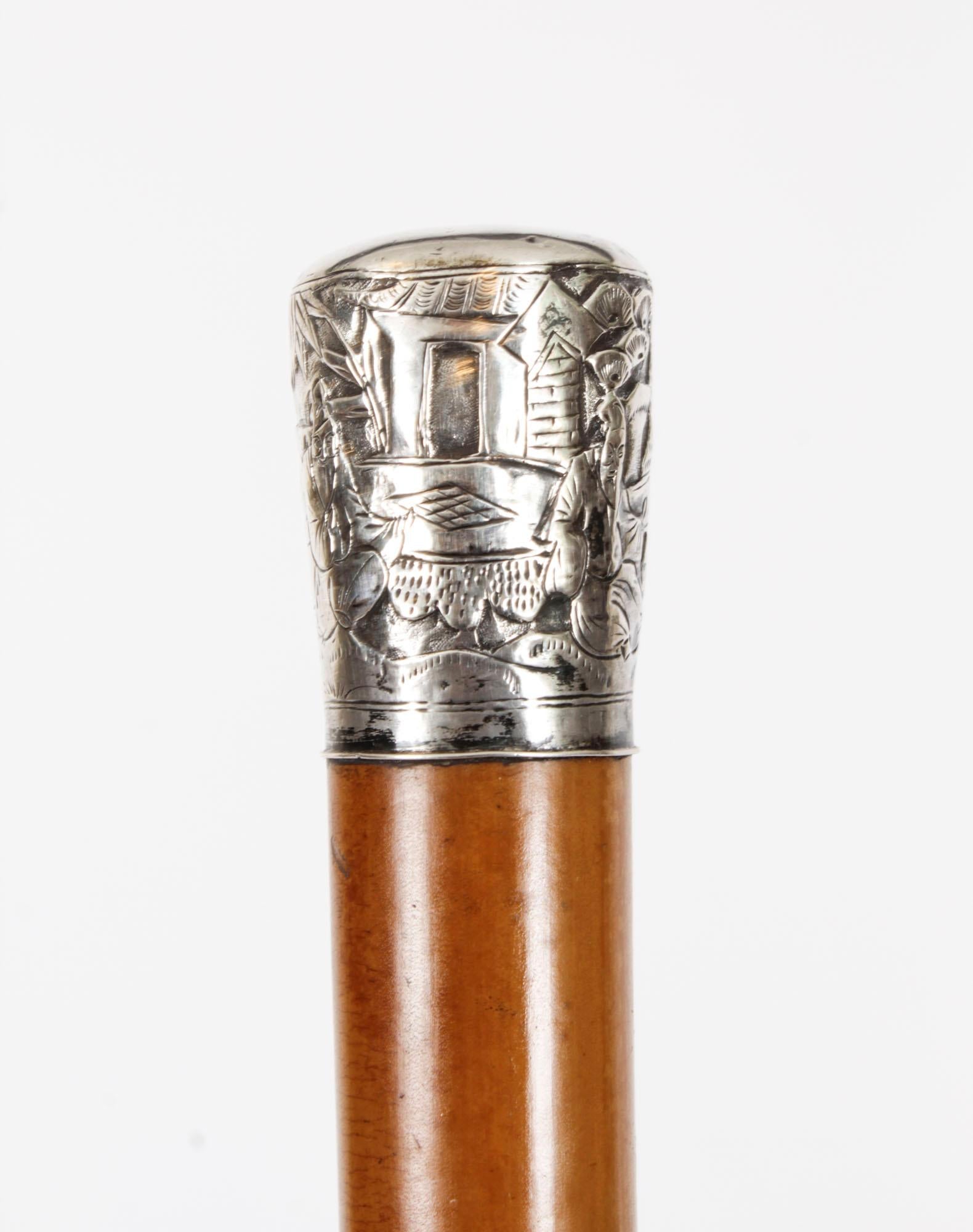 Antique Chinese Silver & Malacca Walking Stick Cane 19th Century In Good Condition For Sale In London, GB