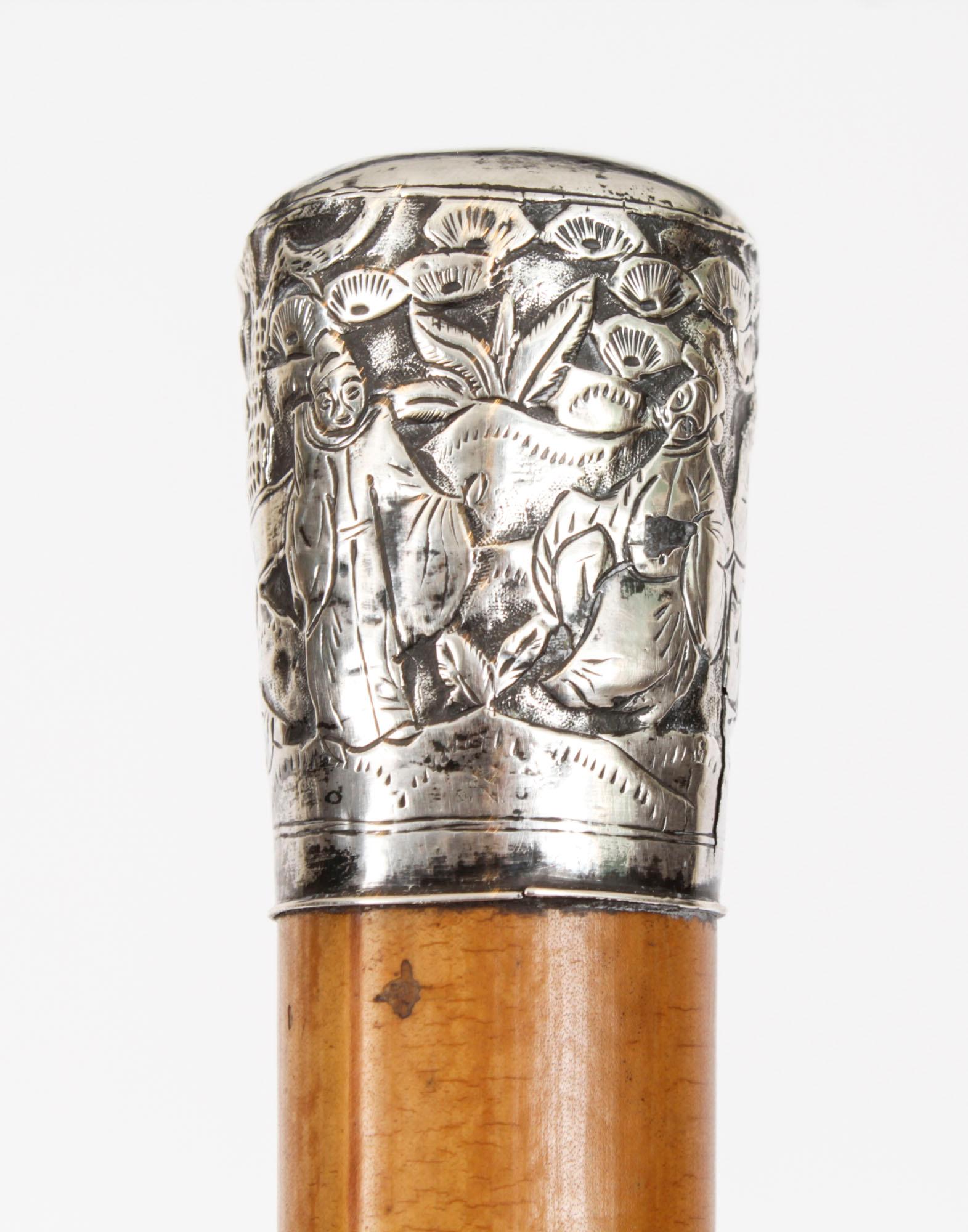 Late 19th Century Antique Chinese Silver & Malacca Walking Stick Cane 19th Century For Sale