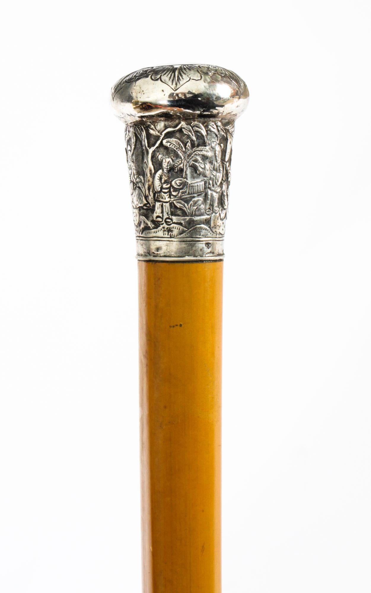 Antique Chinese Silver and Malacca Walking Stick Cane, 19th Century In Good Condition In London, GB
