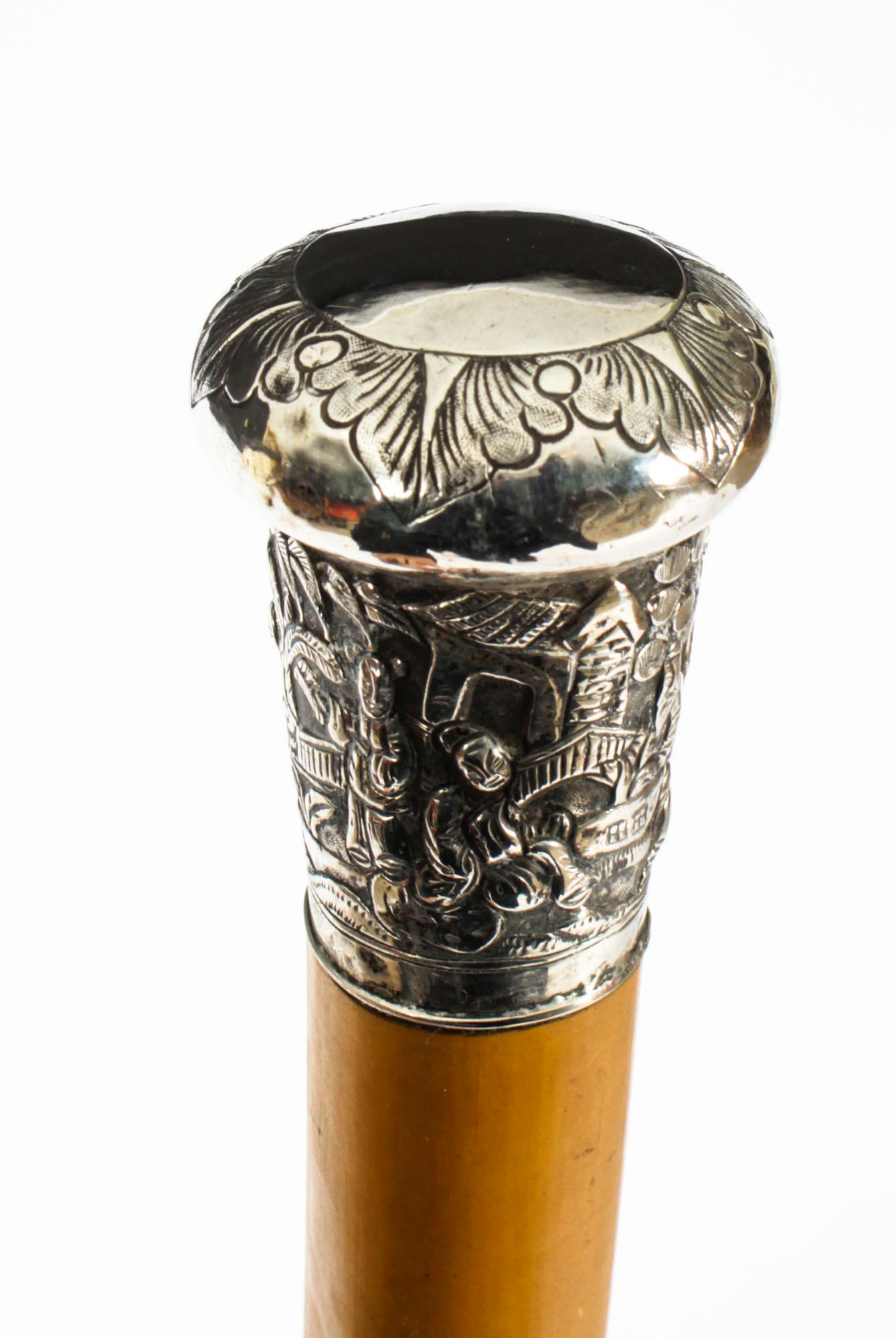Antique Chinese Silver and Malacca Walking Stick Cane, 19th Century For Sale at 1stDibs