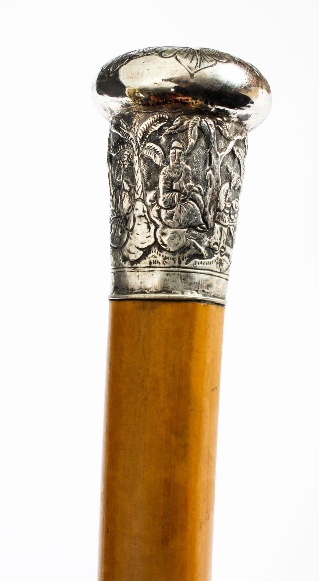 Antique Chinese Silver and Malacca Walking Stick Cane, 19th Century 1