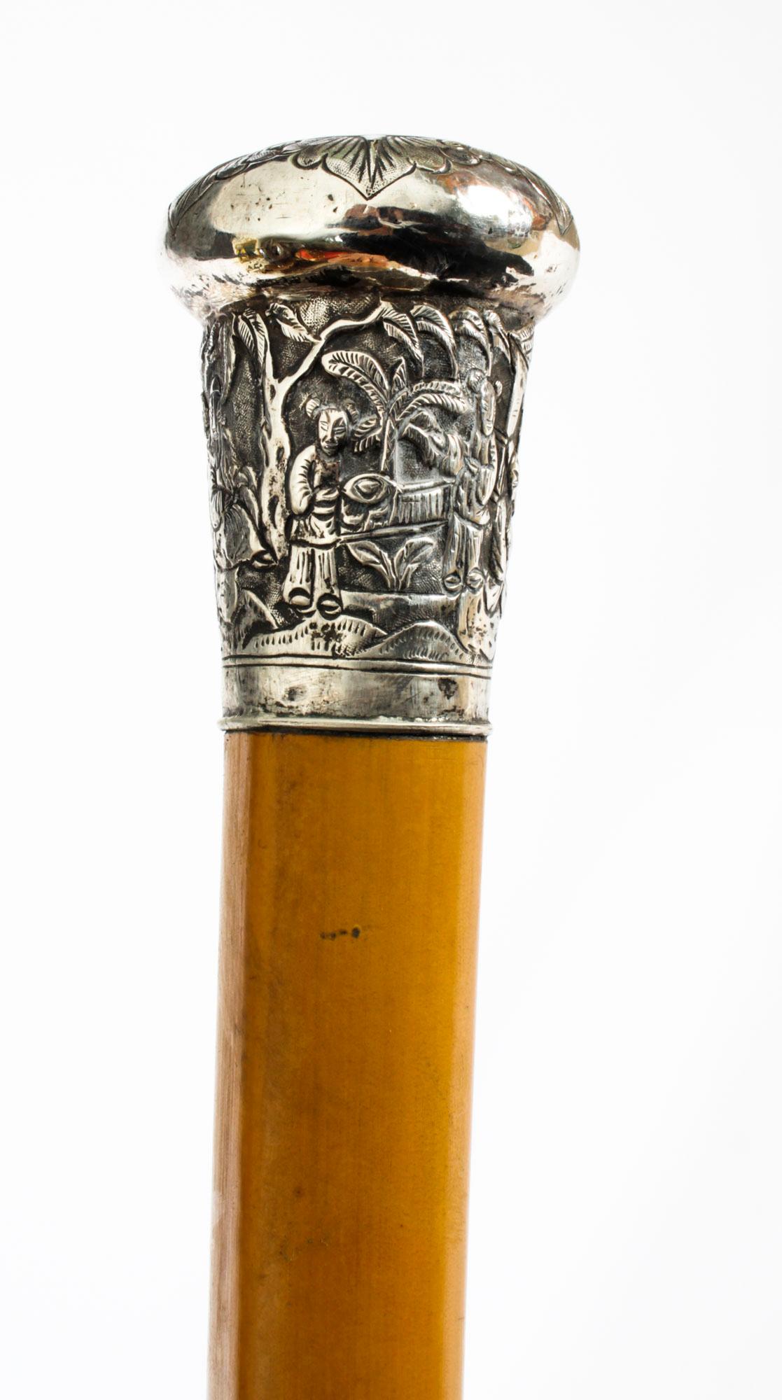 Antique Chinese Silver and Malacca Walking Stick Cane, 19th Century 2