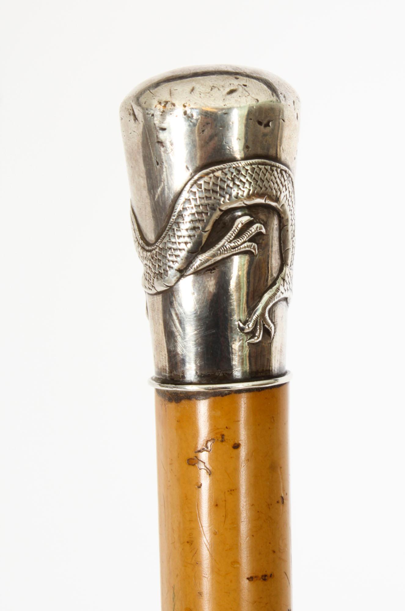This is a beautiful antique Chinese gentleman's silver pommel and Malacca walking stick, circa 1880 in date.
 
This decorative walking cane features an exquisite Chinese silver pommel decorated with exquisitely cast dragon. 
 
The attractive and