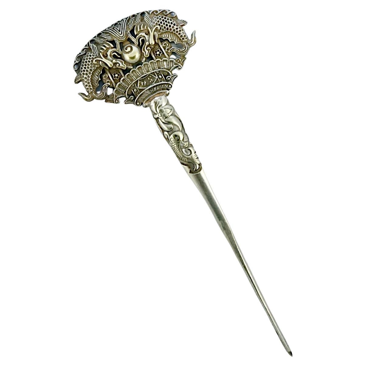 Antique Chinese Silver Tone Hair Pin with Temple Good Luck Koi Carp Blossom