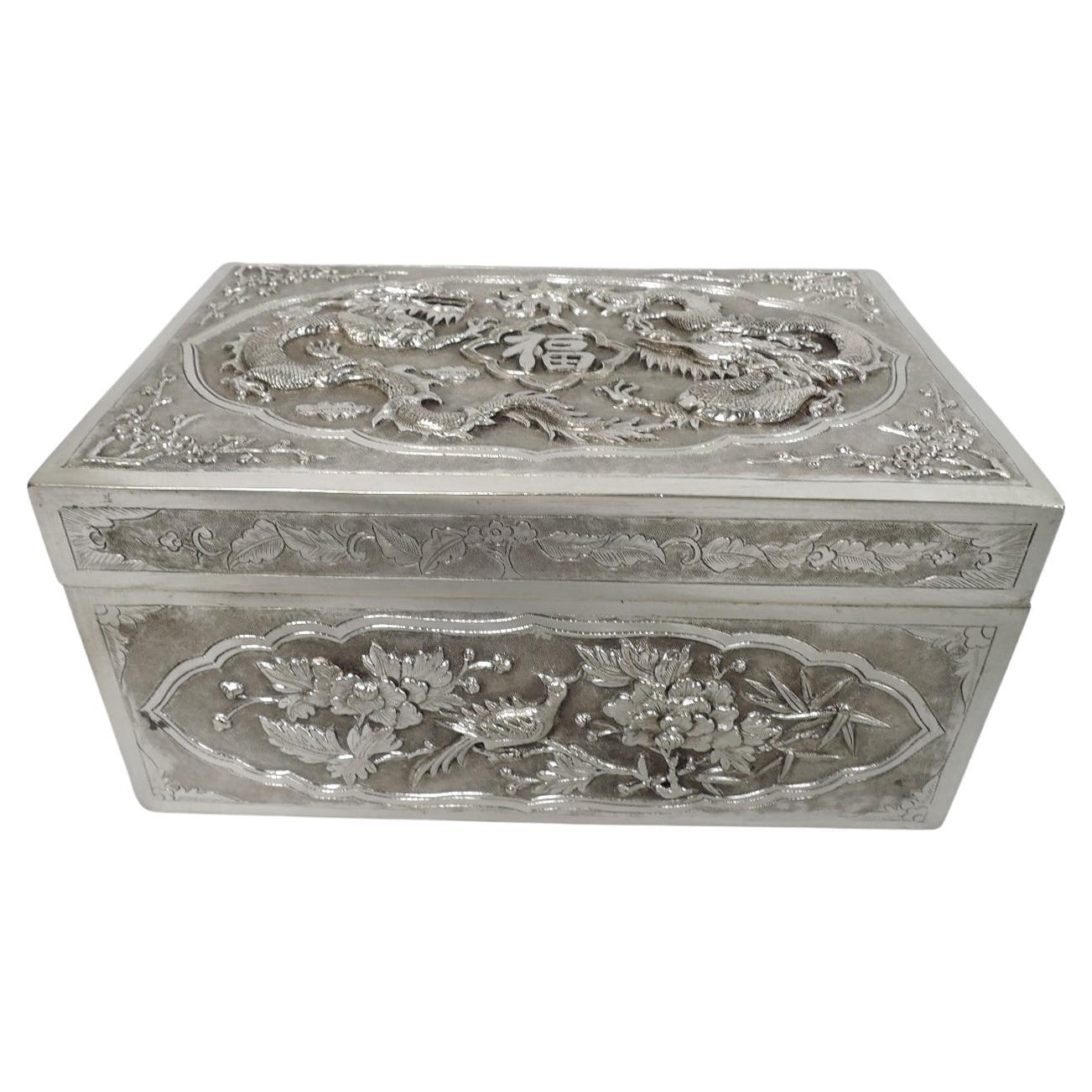 Antique Vietnamese Silver Treasure Box with Guardian Dragons For Sale
