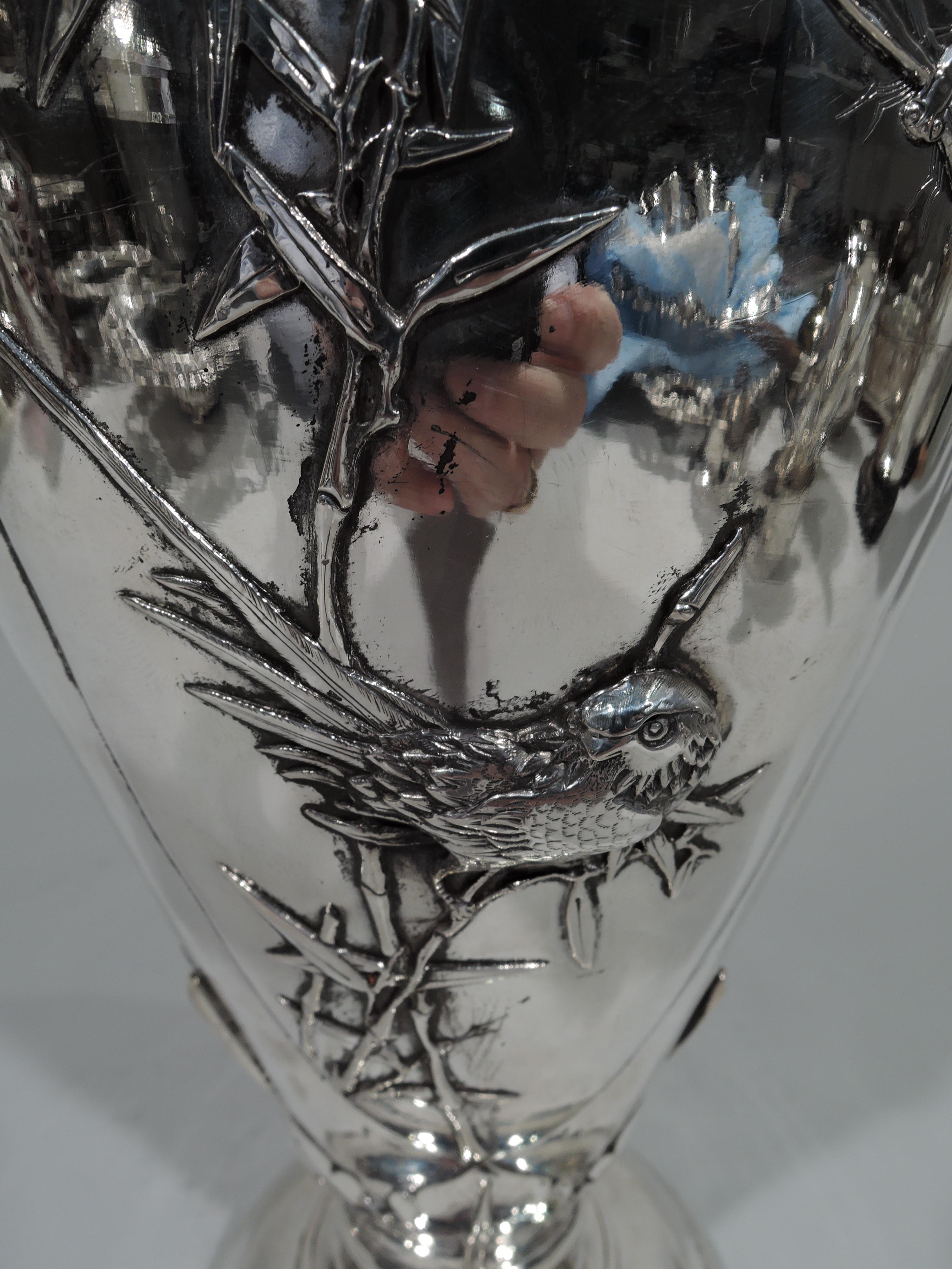 Antique Chinese Silver Vase with Bamboo and Birds In Excellent Condition In New York, NY