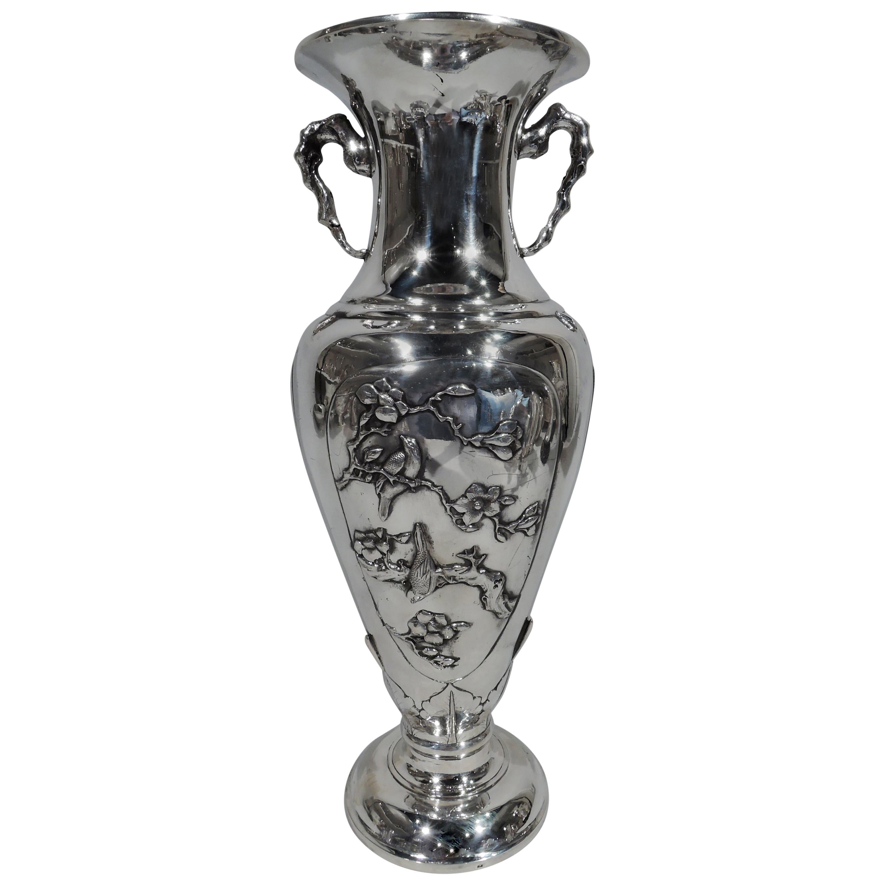 Antique Chinese Silver Vase with Bamboo and Birds
