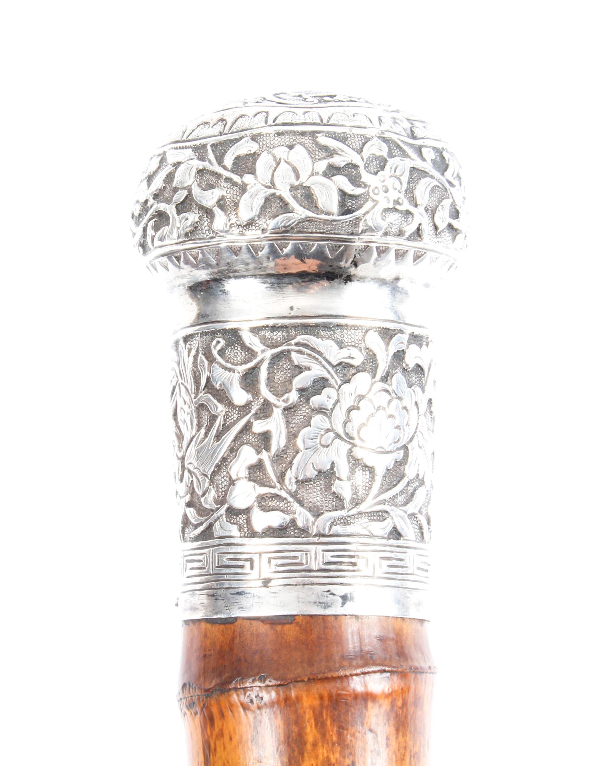 Late 19th Century Antique Chinese Silver Walking Stick Cane, 19th Century