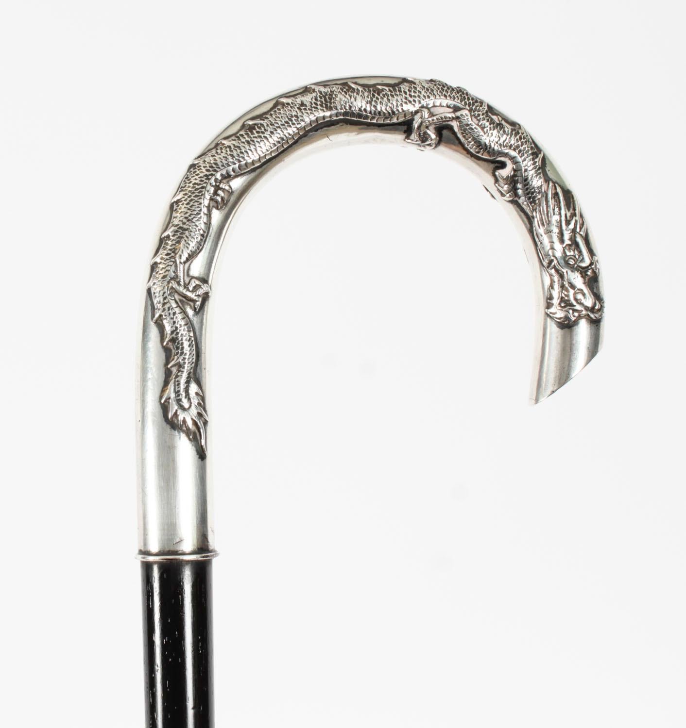 Late 19th Century Antique Chinese Silver Walking Stick Cane Dragon Handle 19th Century 92cm/36inch For Sale