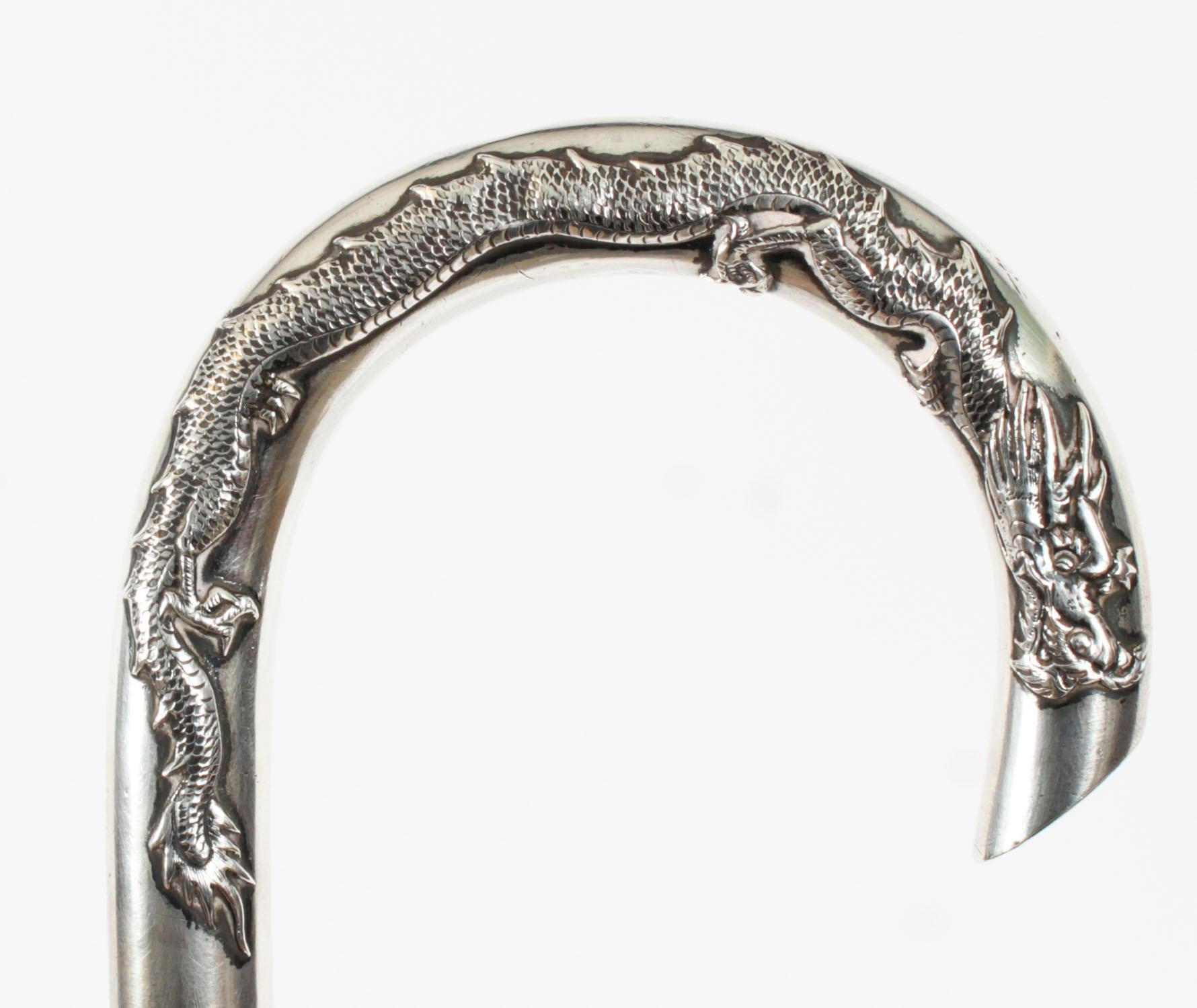 Antique Chinese Silver Walking Stick Cane Dragon Handle 19th Century 92cm/36inch For Sale 1