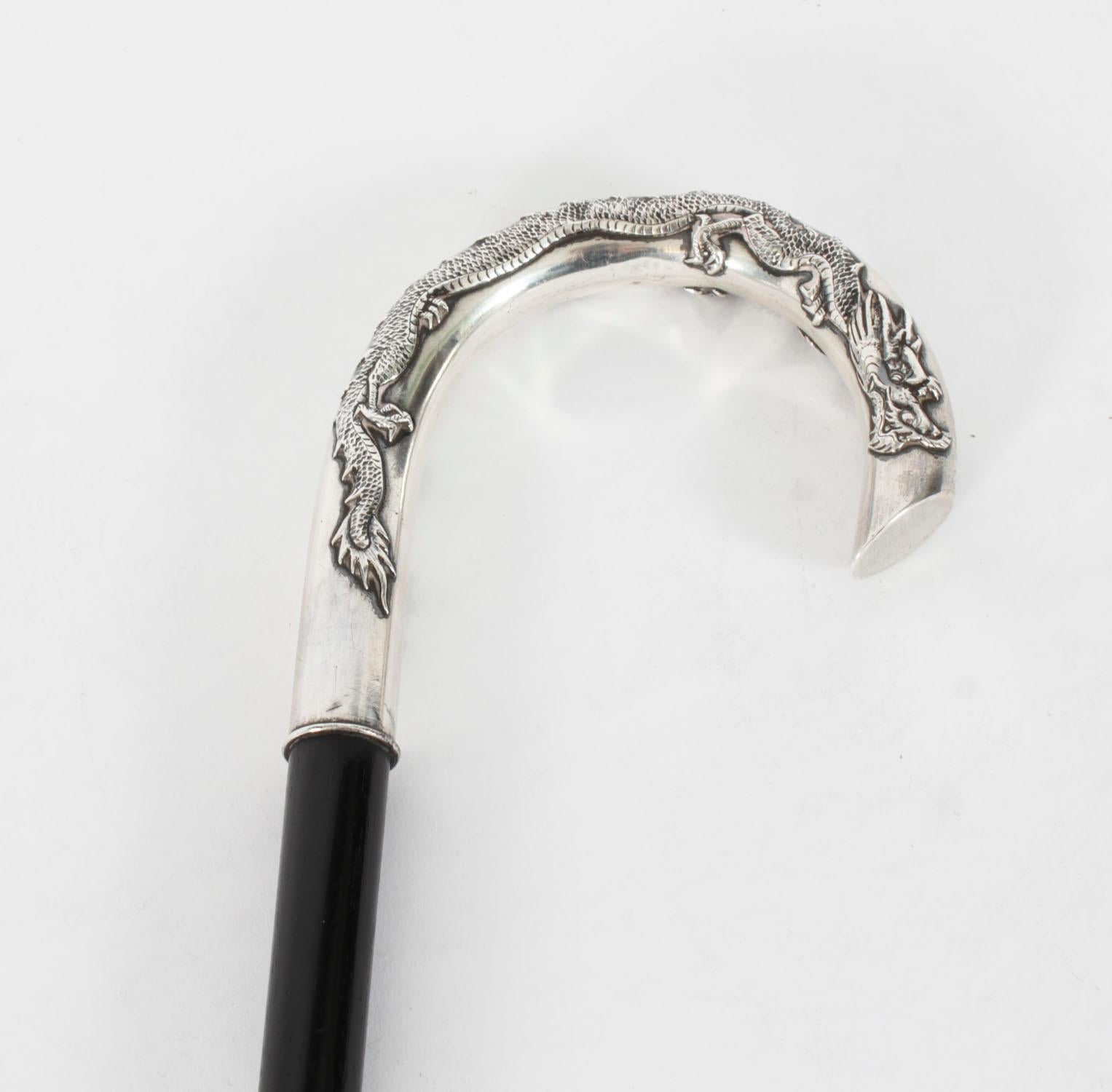 Antique Chinese Silver Walking Stick Cane Dragon Handle 19th Century 92cm/36inch For Sale 2