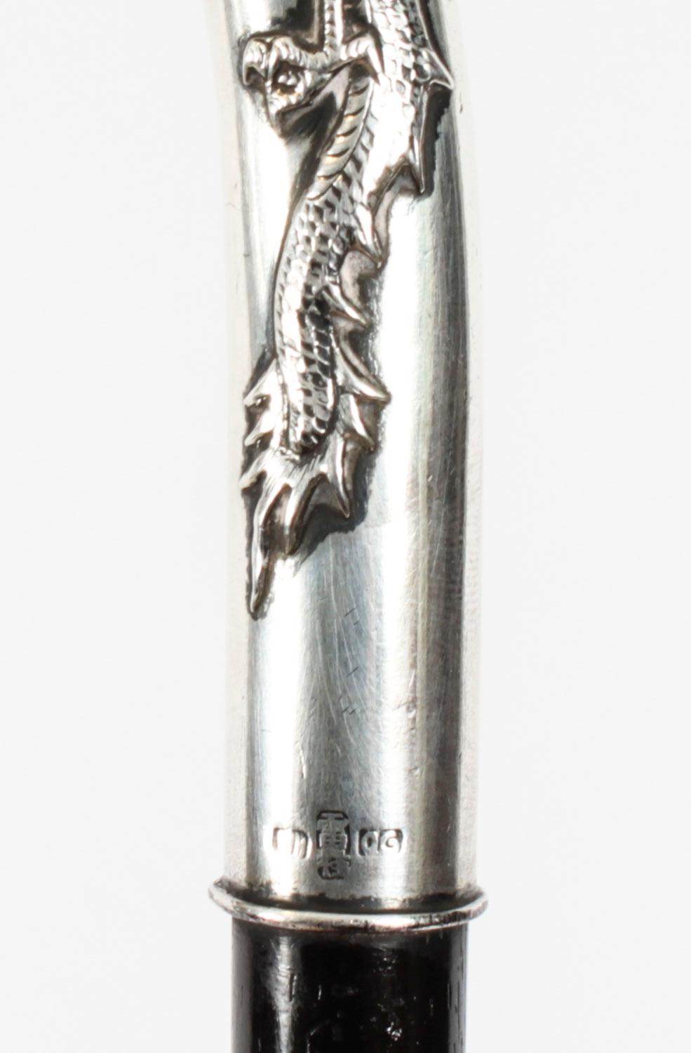 Antique Chinese Silver Walking Stick Cane Dragon Handle 19th Century 92cm/36inch For Sale 3