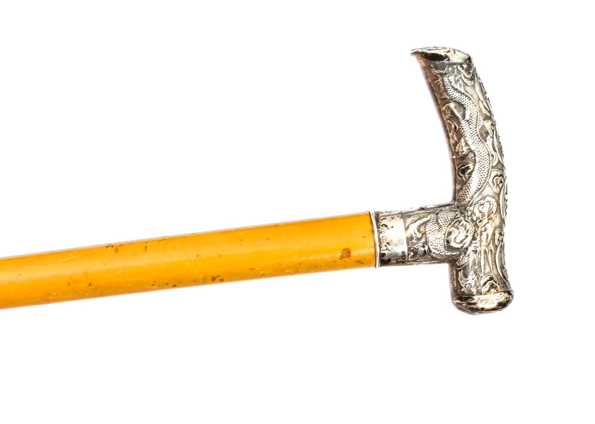 Antique Chinese Silver Walking Stick Cane Wing Nam and Co 19th Century