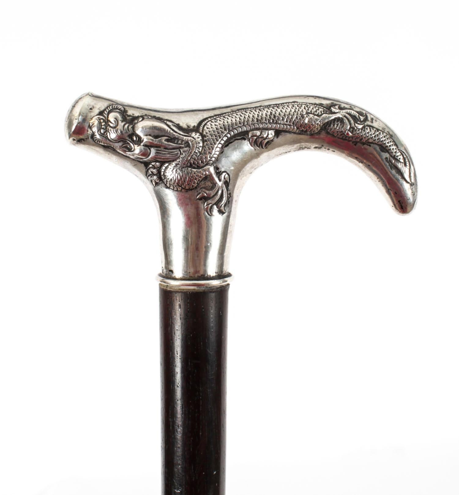 Antique Chinese Silver Walking Stick Cane with Dragon Handle 19th Century In Good Condition In London, GB